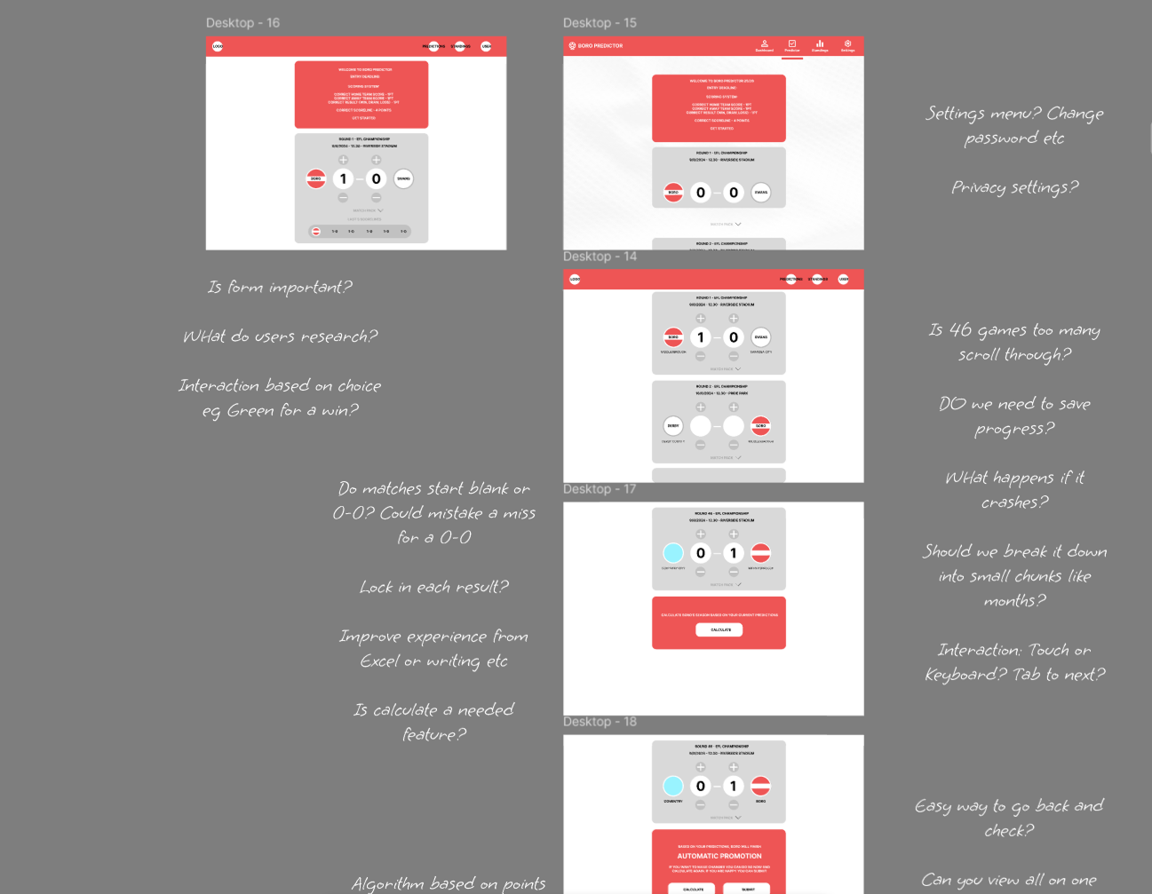Boro Predictor wireframes
