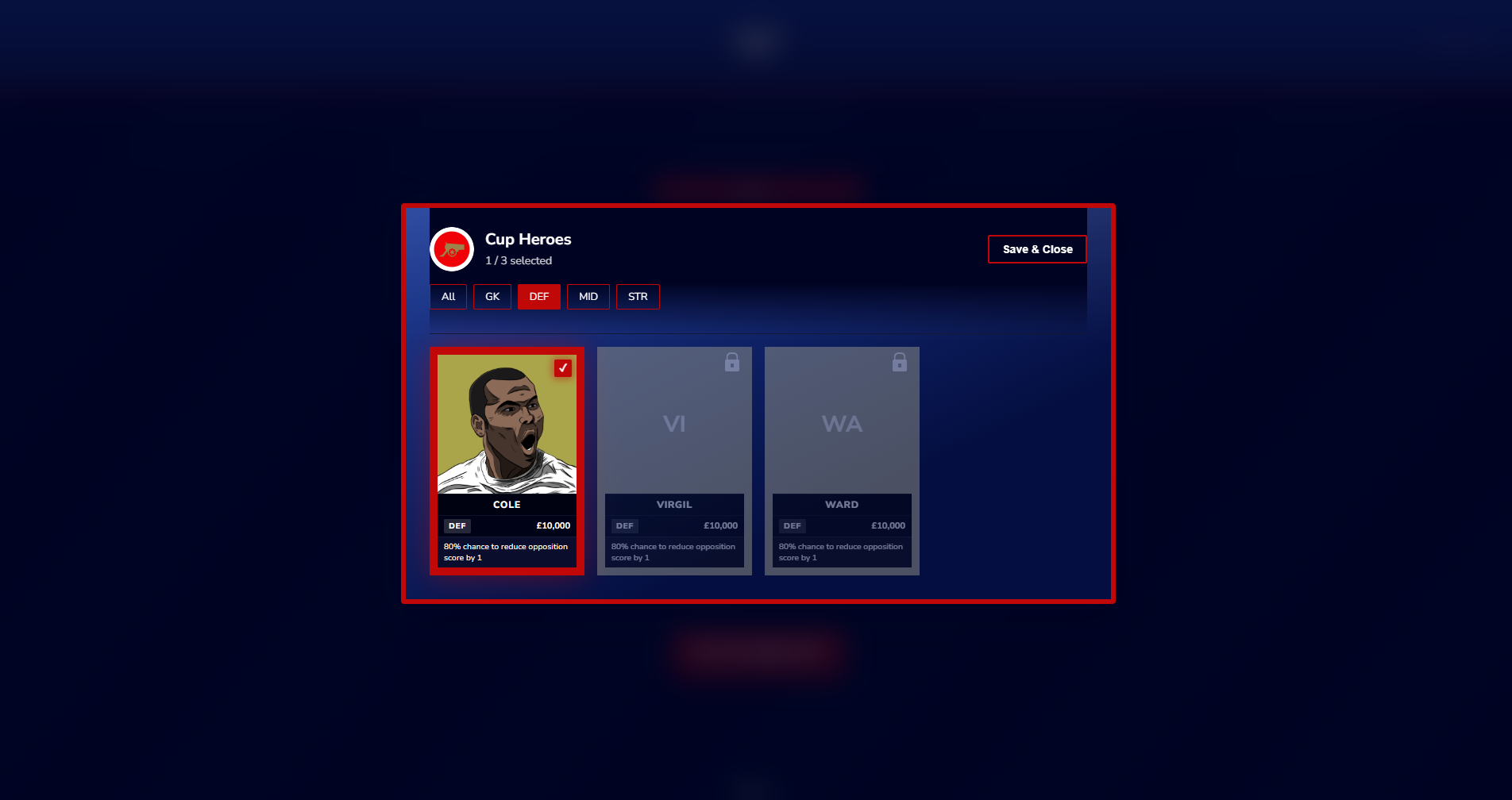 Cup Heroes selection modal