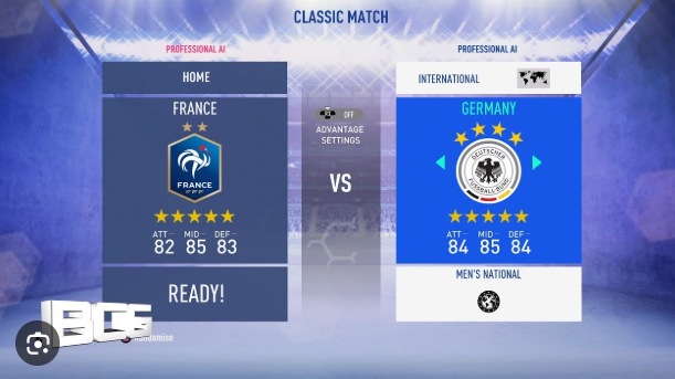 FIFA Classic Match team select reference — France vs Germany side-by-side card layout