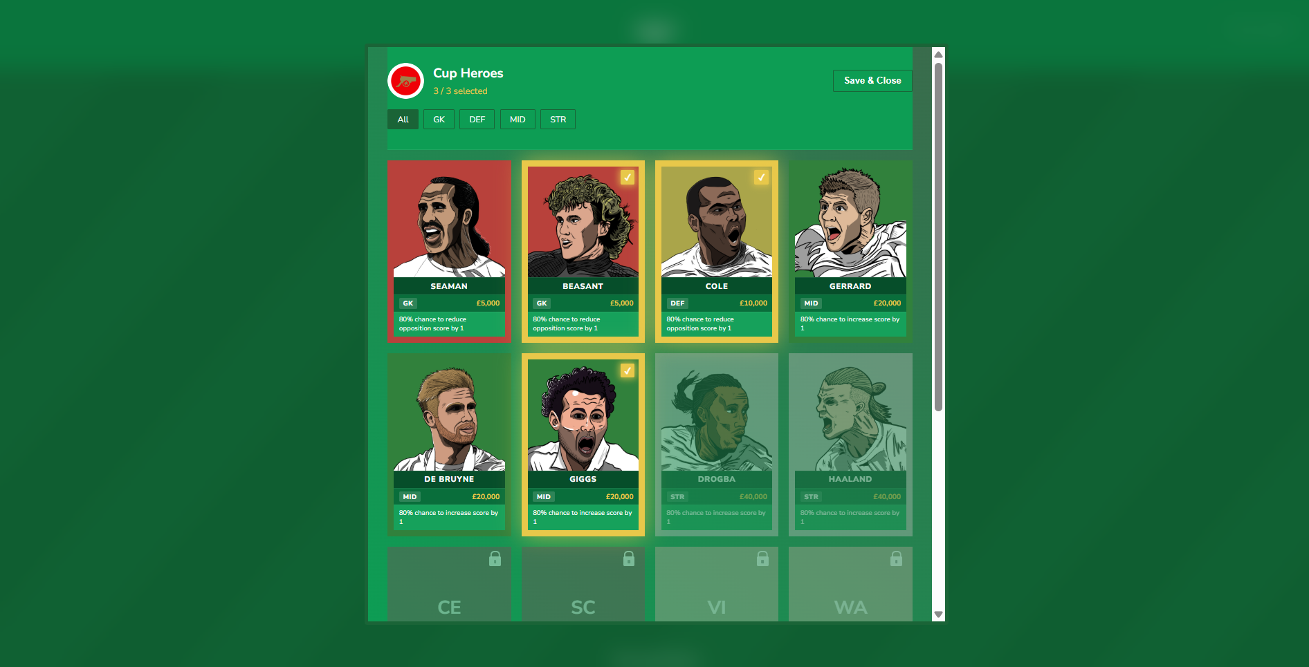 Cup Heroes selection modal — full screen with hand-drawn illustrated players in a Roy of the Rovers style