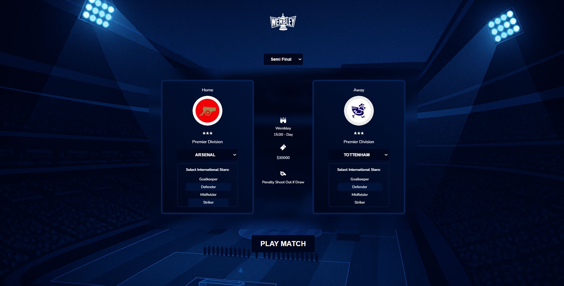 v1 app — dark navy UI, Arsenal vs Tottenham, International Stars dropdowns. Before the Classic green skin redesign.