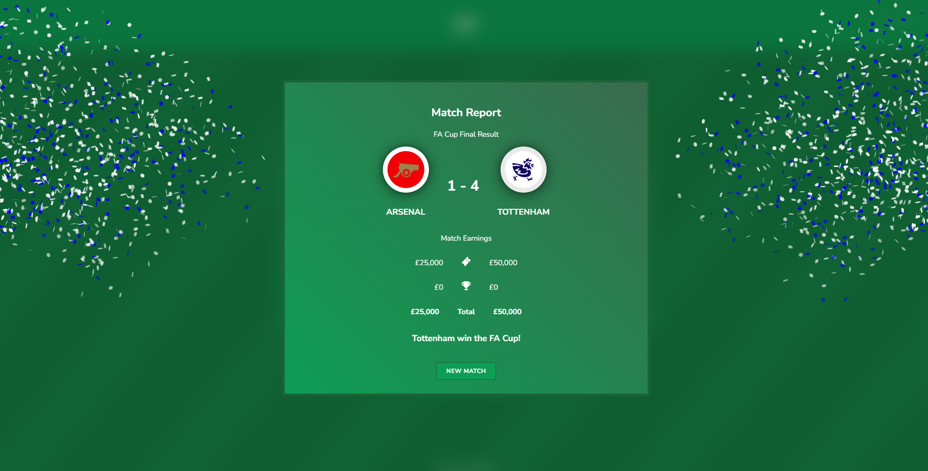 FA Cup Final result — Arsenal 1–4 Tottenham, ticker tape in Tottenham colours visible across the full screen