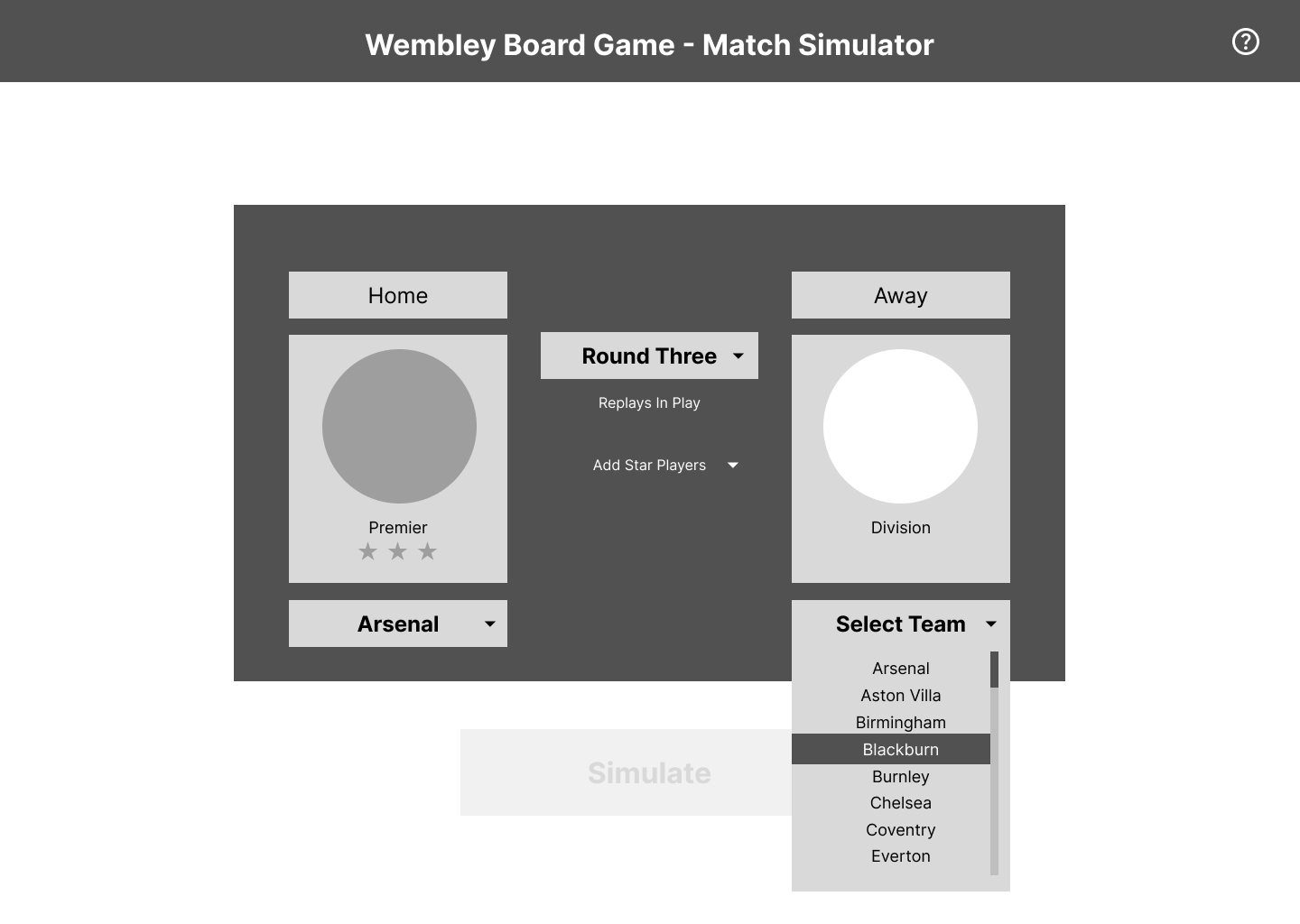 Early prototype v2 — team select with alphabetical dropdown open