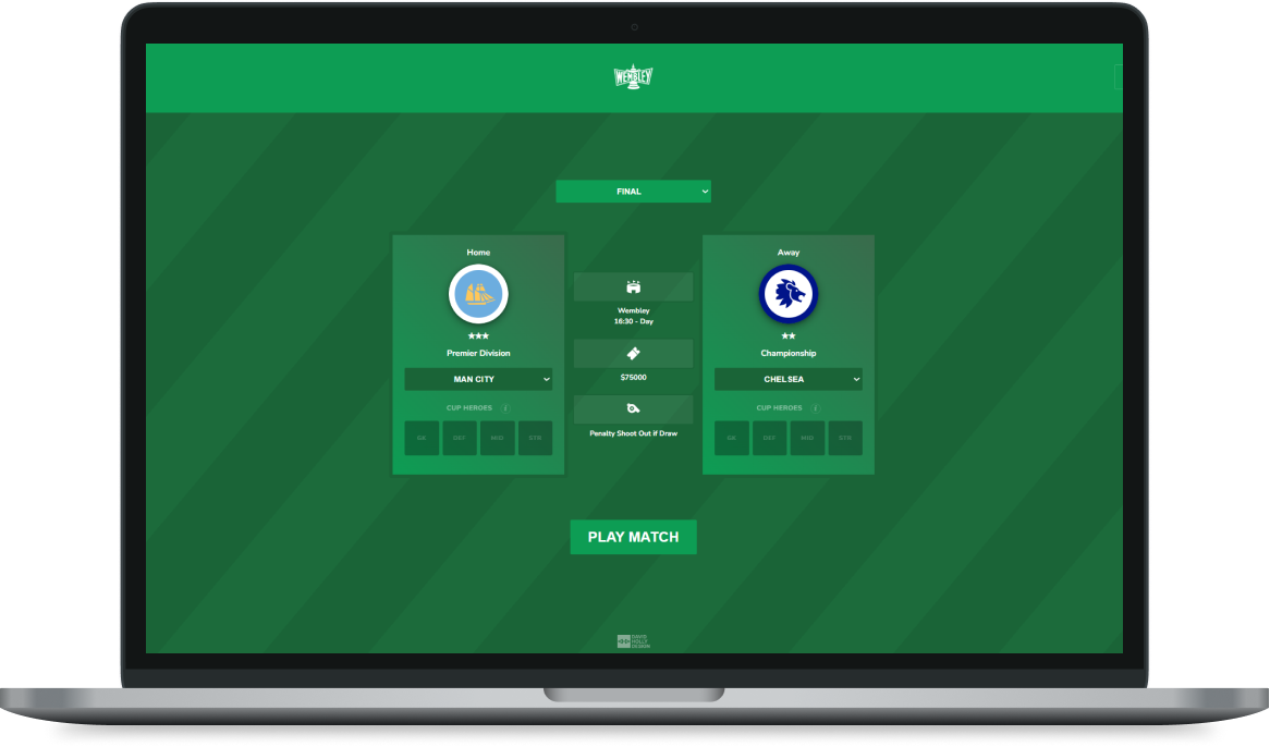 Wembley — match setup screen